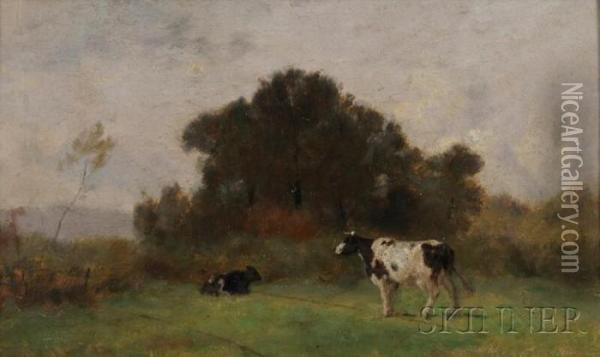 Cows In A Summer Field Oil Painting - Jean Pezous