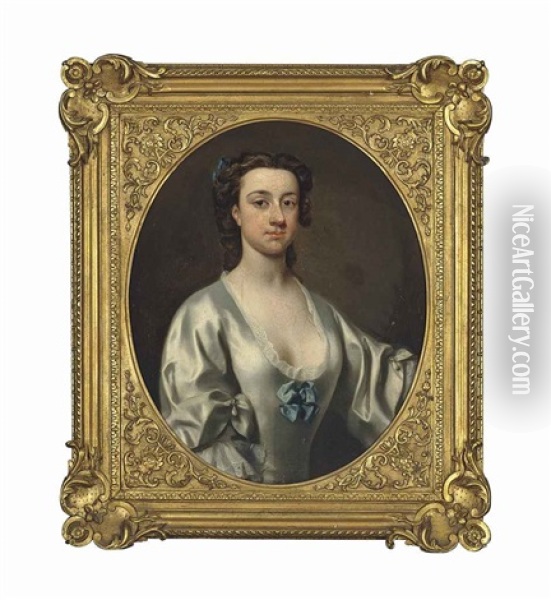 Portrait Of A Lady, Bust-length, In An Oyster Satin Dress, With A Blue Ribbon Oil Painting - Allan Ramsay