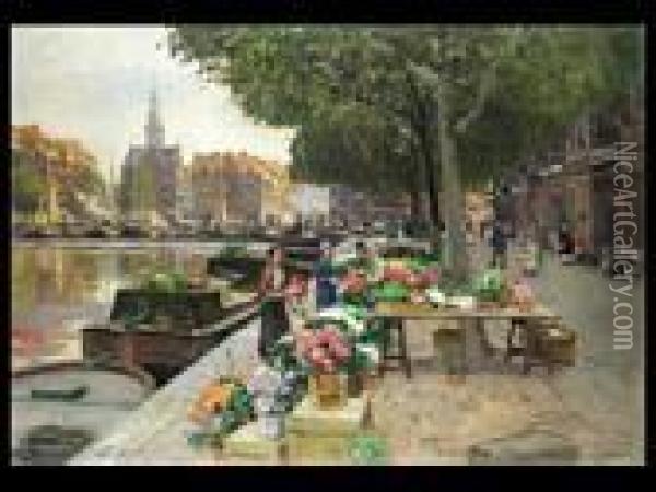 Blumenmarkt In
 Amsterdam Oil Painting - Heinrich Hermanns