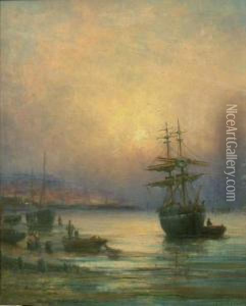 Beached Sailing Vessels In The South Bay Scarborough At Sunrise O Oil Painting - Charles Thorneley