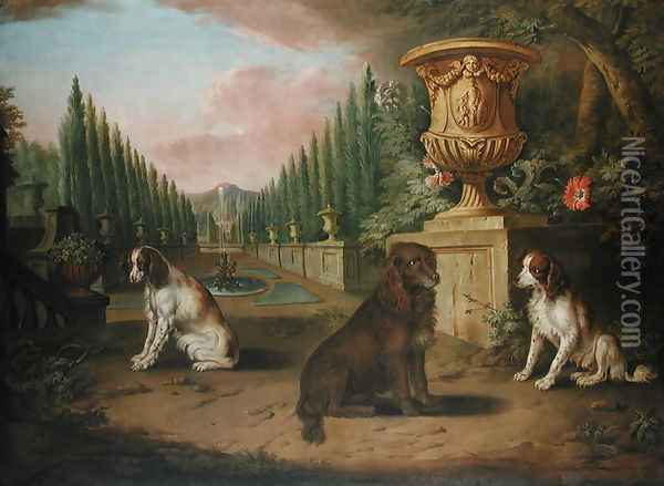 Three Spaniels in a formal garden c.1730 Oil Painting - Charles Collins