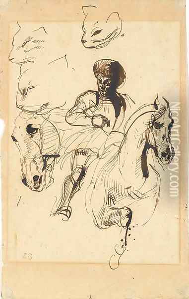 A man in armour on horseback, with studies of a horse's head and cats' heads Oil Painting - Eugene Delacroix
