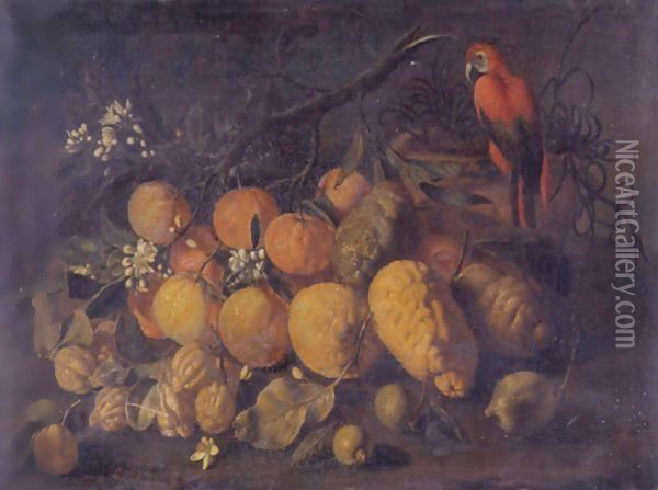 Still Life With Oranges, Lemons And A Parrot In A Landscape Oil Painting - Giovanni Battista Ruoppolo