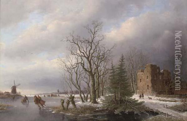 Figures Skating In A Frozen Winter Landscape Oil Painting - Anthony Andreas De Meijier