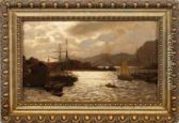 Norwegische Fjordlandschaft Mit Schiffen Im Abendlicht Oil Painting - Themistocles Von Eckenbrecher
