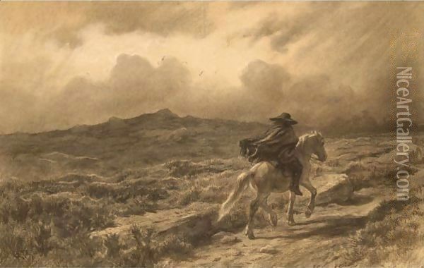 Horse And Rider On The Scottish Highlands (The Approaching Storm) Oil Painting - Rosa Bonheur