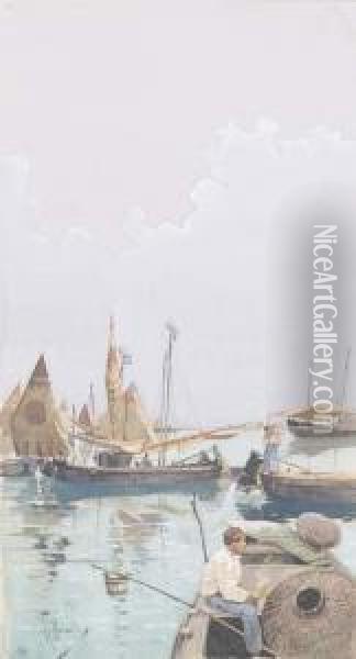 Venezia, Barche E Pescatori Oil Painting - Raffaele Mainella