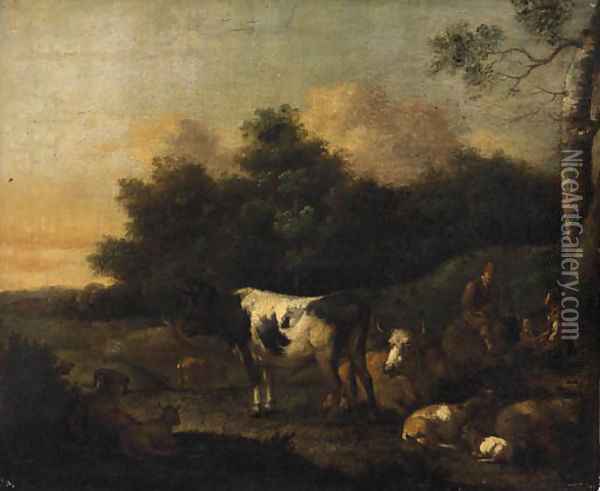 Drovers with Cattle in a Landscape Oil Painting - Adriaen Van De Velde