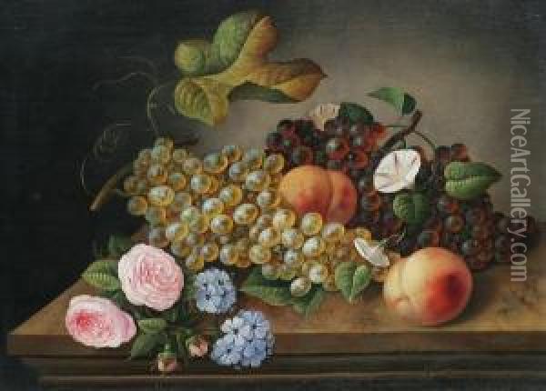 Black And Green Grapes, Peaches, Pink Roses And Other Flowers On A Stone Ledge Oil Painting - Th. Scheuerlein