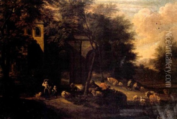 Shepherds And Shepherdesses Resting And Watering Their Livestock Beside A Ruined Manor House In A Wooded Landscape (in Collab. With Pieter Bout) Oil Painting - Adriaen Frans Boudewyns the Elder
