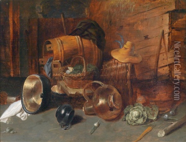 Bauerliches Interieur Mit Einem Fass, Kupfergefassen, Korben, Gemuse Und Einem Hut Oil Painting - David Ryckaert III