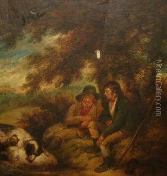 Two Shepherds With Their Dogs Resting Beneath A Tree Oil Painting - James Ward