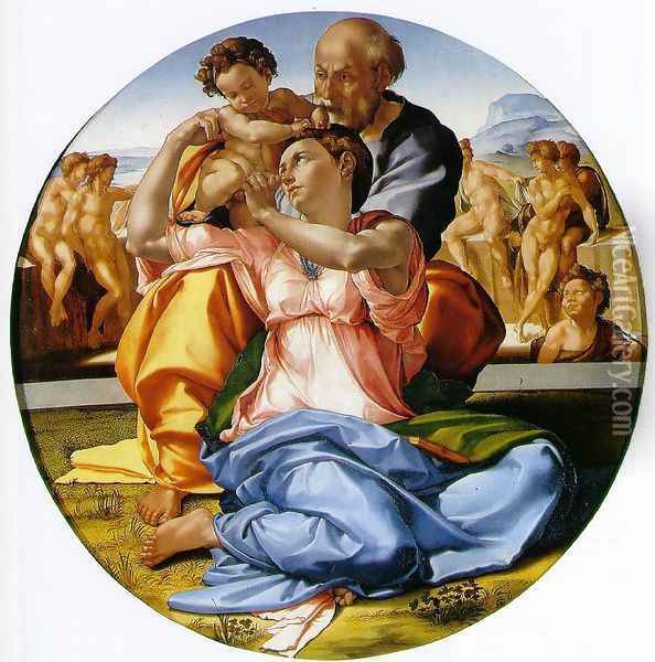 The Holy Family with the Infant John the Baptist (or The Doni tondo) Oil Painting - Michelangelo Buonarroti