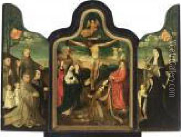 A Triptych: Central Panel: The 
Crucifixion; Left Wing: Saint Francis With Male Donors; Right Wing: 
Saint Barbara With Female Donors Oil Painting - Jacob Cornelisz. Van Oostsanen