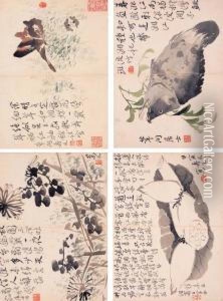 Flowers, Birds And Insects Oil Painting - Bian Shoumin