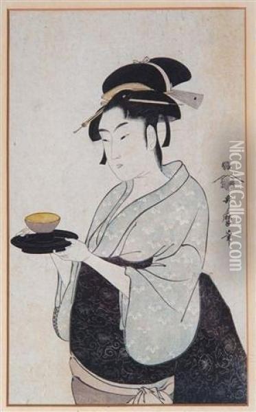 Kitigawa - Study Of Anoiran With Tea Bowl And Stand Oil Painting - Utamaro Ii Kitagawa