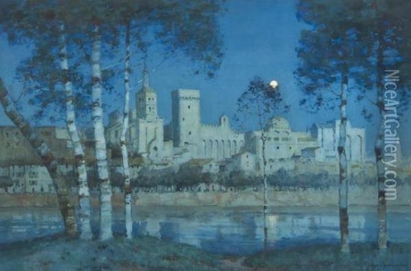 The Papal Palace, Avignon, By Moonlight Oil Painting - Albert Moulton Foweraker
