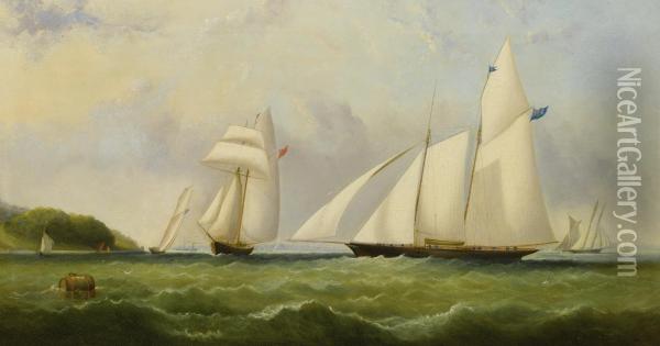 The Yacht Cambria Racing Off Ryde - Isle Of Wight Oil Painting - Arthur Wellington Fowles