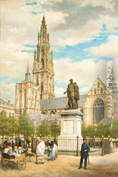De Groenplaats Te Antwerpen Oil Painting - Frans Gons