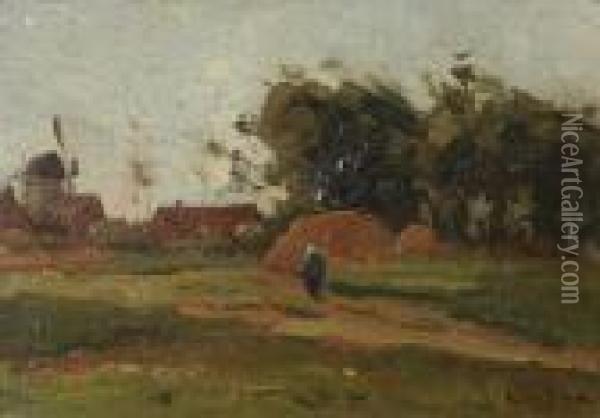 Figuur Bij Hooimijt Bij Dorp Metwindmolen Oil Painting - Theophile Emile Achille De Bock