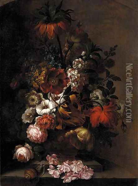 A crown imperial lily, tulips, daffodils, hollyhocks, roses and other flowers in an urn with a snail on a ledge Oil Painting - Pieter Faes