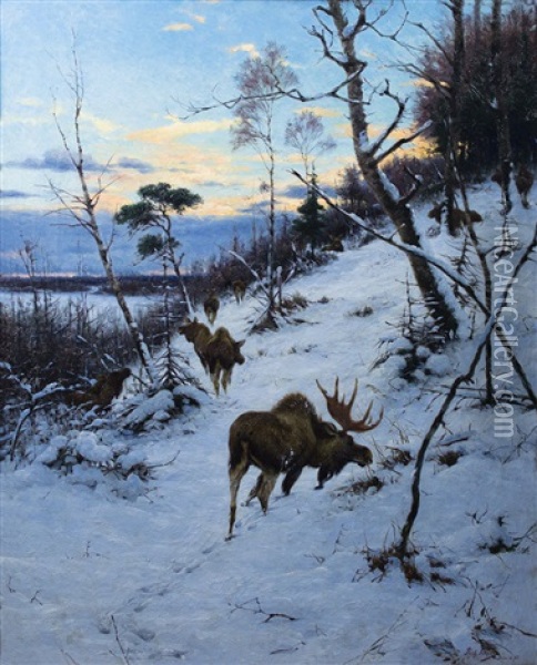 Moose In A Winter Landscape Oil Painting - Richard Bernhardt Louis Friese