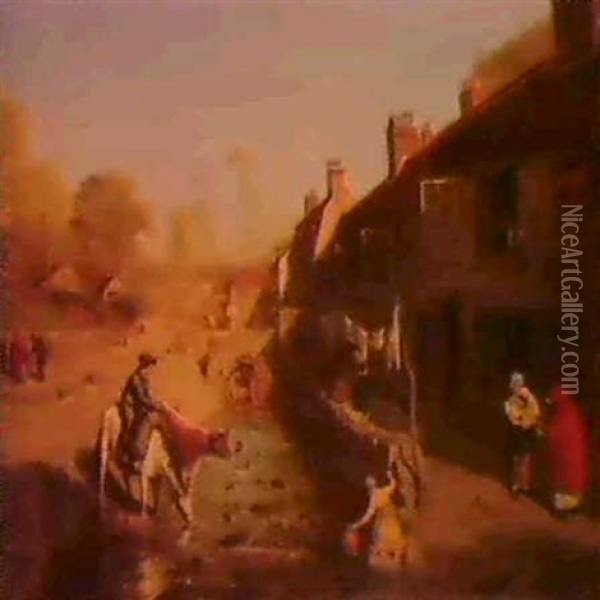 Figures At A Stream Before Terraced Houses. Oil Painting - Francis Danby