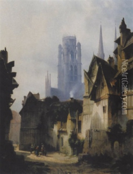 Belebte Gasse In Rouen Mit Blick Auf Die Kathedrale Oil Painting - Christian Jank