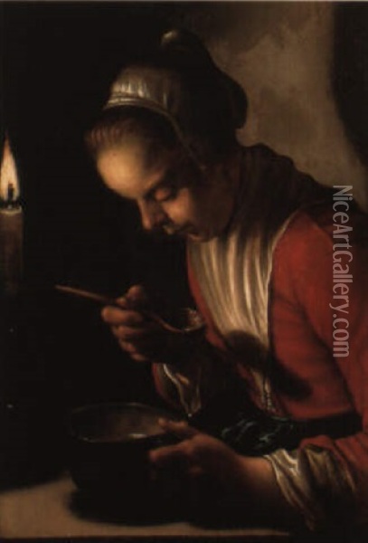 A Peasant Girl Eating By Candlelight Oil Painting - Hendrick Bloemaert