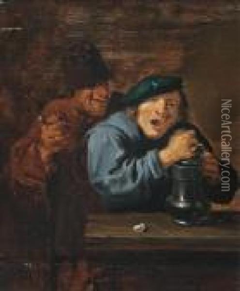 Boors Drinking And Smoking In An Interior Oil Painting - Adriaen Brouwer