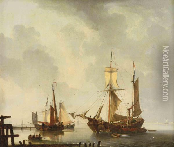 Dutch Moored Vessels On A Calm Oil Painting - Dominique de Bast