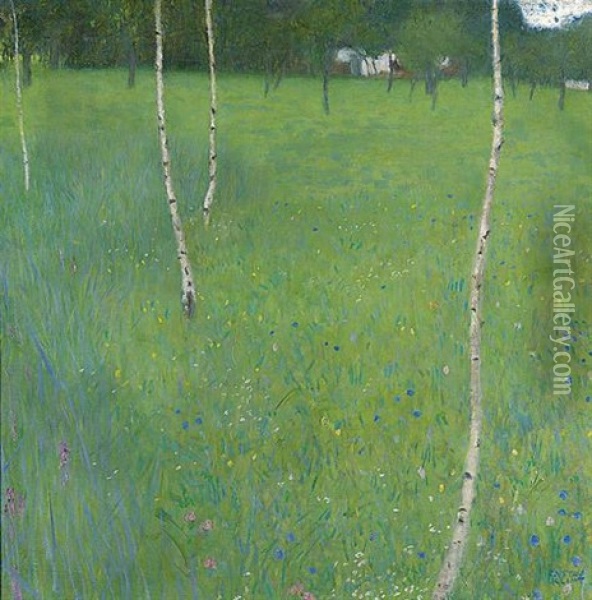Bauernhaus Mit Birken - Junge Birken (farmhouse With Birch Trees - Young Birch Trees) Oil Painting - Gustav Klimt