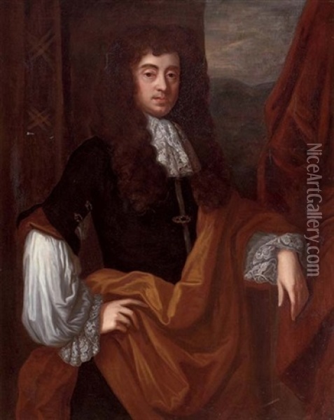 Portrait Of A Gentleman In A Black Coat And White Shirt And Ruff, With A Brown Wrap, By A Red Curtain, A Land Oil Painting - John Riley