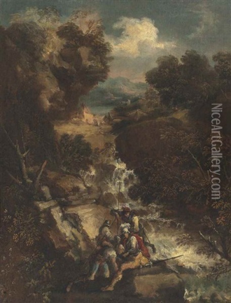A Wooded River Landscape With Soldiers By A Stream Oil Painting - Antonio Maria Marini