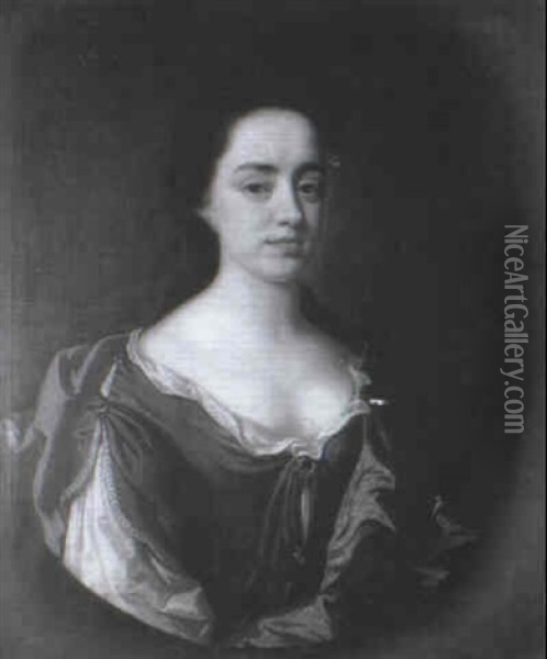 Portrait Of Elizabeth Fagg, Half Length, In A Brown Dress,  White Chemise And Collar And A Blue Cloak Oil Painting - John Closterman