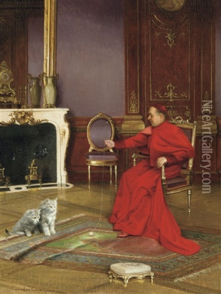 The Cardinal And The Kittens Oil Painting - Georges Croegaert