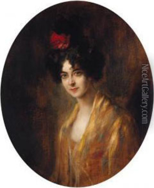 Portrait Of A Lady, Half-length Wearing A Yellow Dress With A Redribbon In Her Hair Oil Painting - Otto Propheter