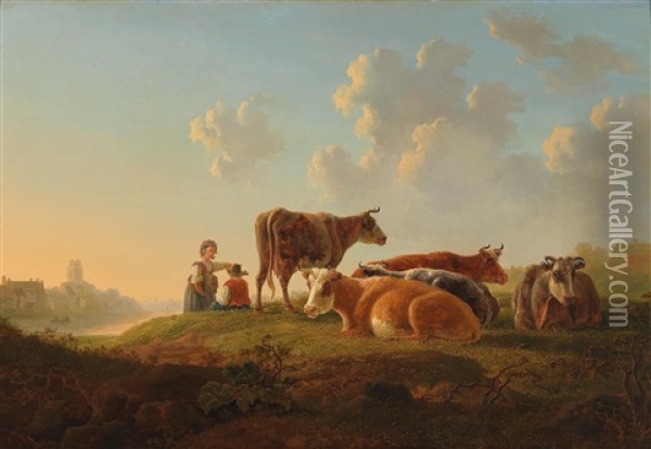 Two Herders With Resting Cattle By A River Near Dordrecht Oil Painting - Jacob Van Stry