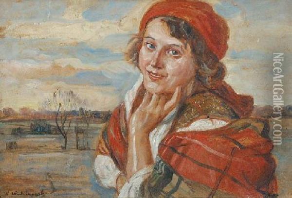 Kobieta Na Tle Pejzazu Oil Painting - Wincenty Wodzinowski