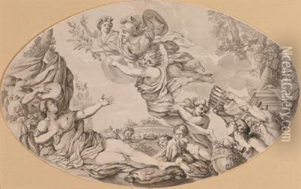 Umkreis Mythologische Szene Mit Der Von Genien Begleiteten Athena Oil Painting - Jean-Baptiste Huet I