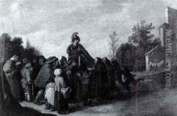 Peasants Gathered Around A Soldier On Horseback Oil Painting - Pieter Jansz Quast