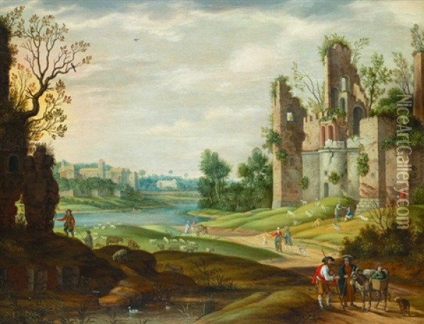Landskap Med Figurer Oil Painting - Isaac Van Oosten