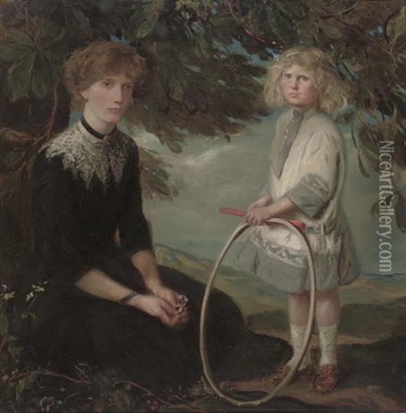 Portrait Of A Mother In A Garden, Her Daughter Standing Beside Her Holding A Hoop Oil Painting - Charles Haslewood Shannon