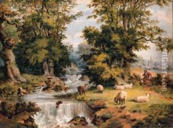 A Landscape With Sheep Grazing By A Stream And A Woman Crossing Astile Oil Painting - Dean Wolstenholme, Jr