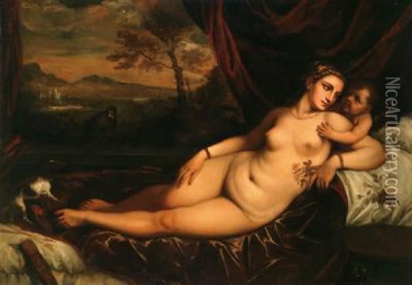Venere Con Amorino In Un Paesaggio Oil Painting - Lambert Sustris