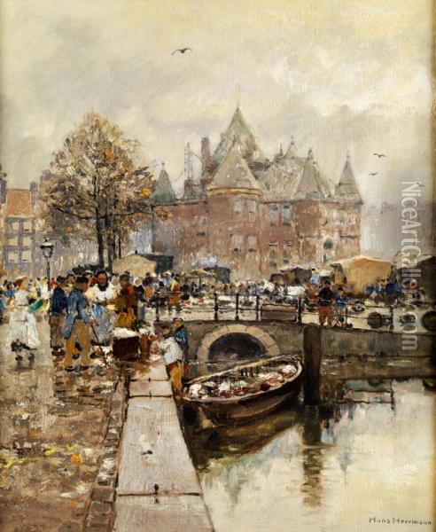 Der Neue Markt In Amsterdam Mit Blickauf Eine Kanalgracht Oil Painting - Hans Herrmann