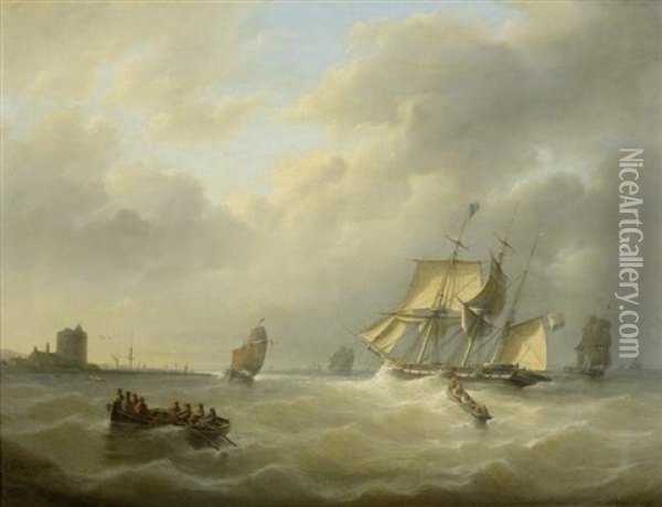 Dreimaster Mit Ruderbooten Bei Sturmischer See Oil Painting - Christian Cornelis Kannemans