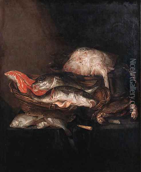 A ray on a barrel, a salmon-steak, a pike-perch and a coalfish in a basket with flounders, a knife and a crab on a draped table Oil Painting - Abraham Hendrickz Van Beyeren