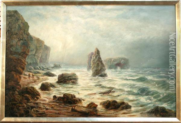 Rocky Coastal View With Twofisherman Hauling In Nets Oil Painting - Bernard Benedict Hemy