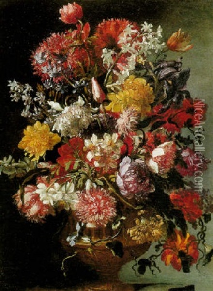 Still Life Of Flowers In A Sculpted Vase Oil Painting - Mario Nuzzi